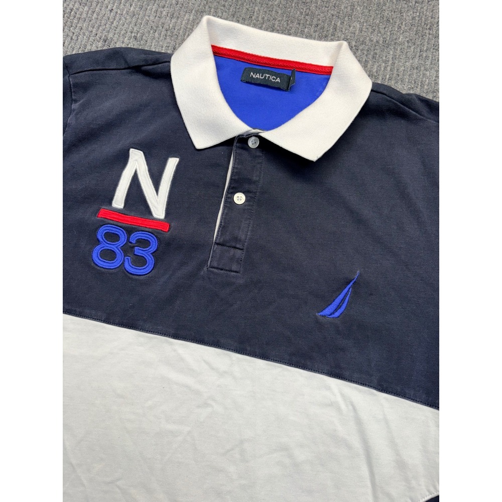 Nautica Mens Navy White Colorblock N 83 Logo Short Sleeve Polo Shirt Large